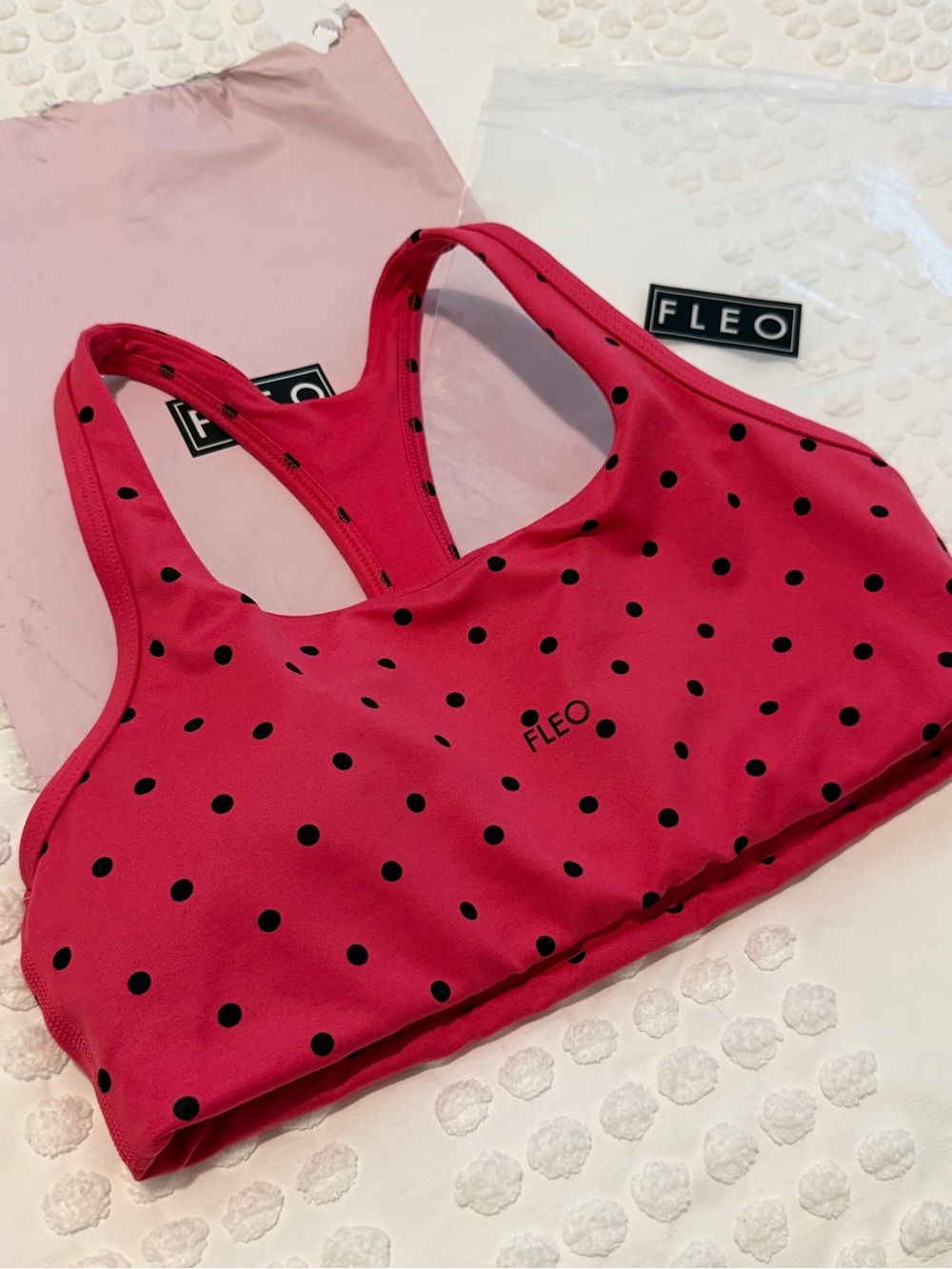 FLEO Sage Racerback Sports Bra Medium Support Ladybug Medium BNWT Pink Polka Dot - Picture 5 of 8